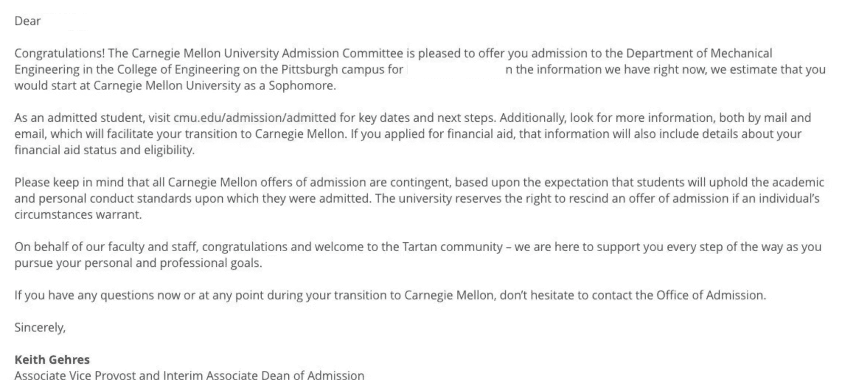 Фрагмент письма о поступлении в Carnegie Mellon University