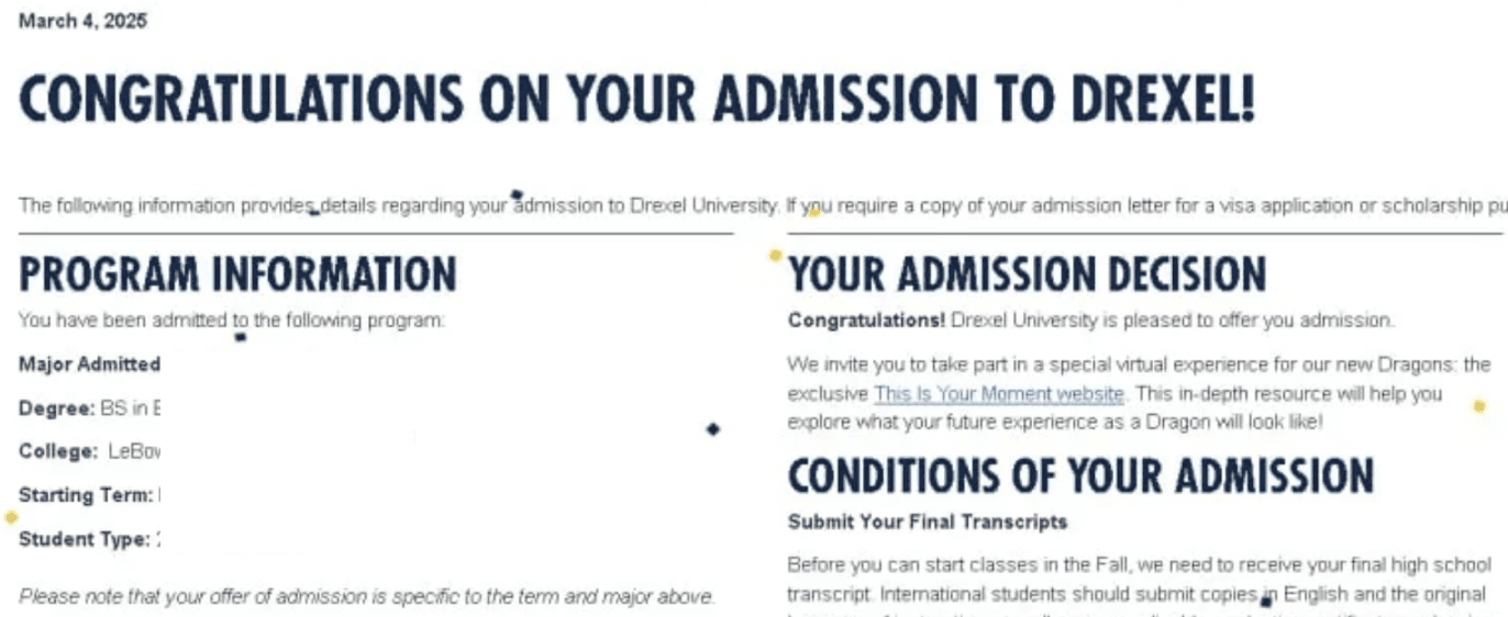 Фрагмент письма о поступлении в Drexel University
