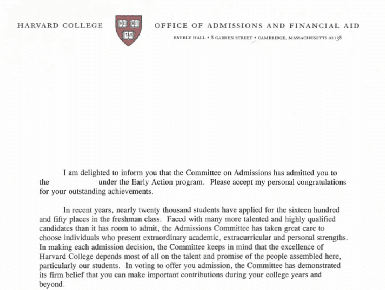 Фрагмент письма о поступлении в Harvard College