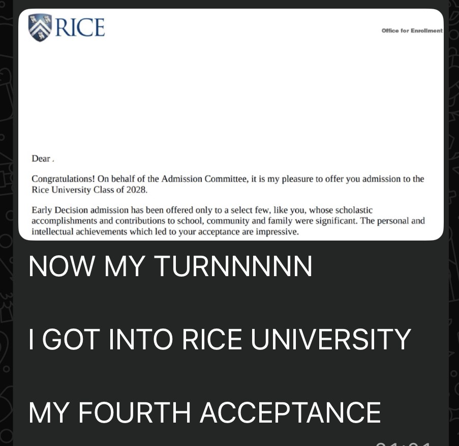 Скриншот результата поступления в Rice University