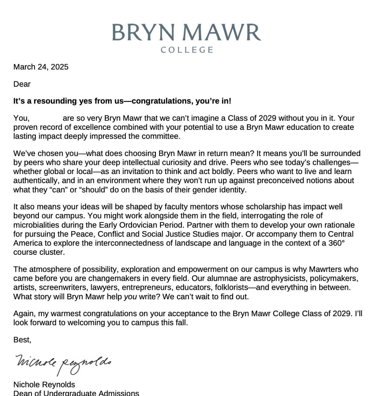 Bryn Mawr offer letter