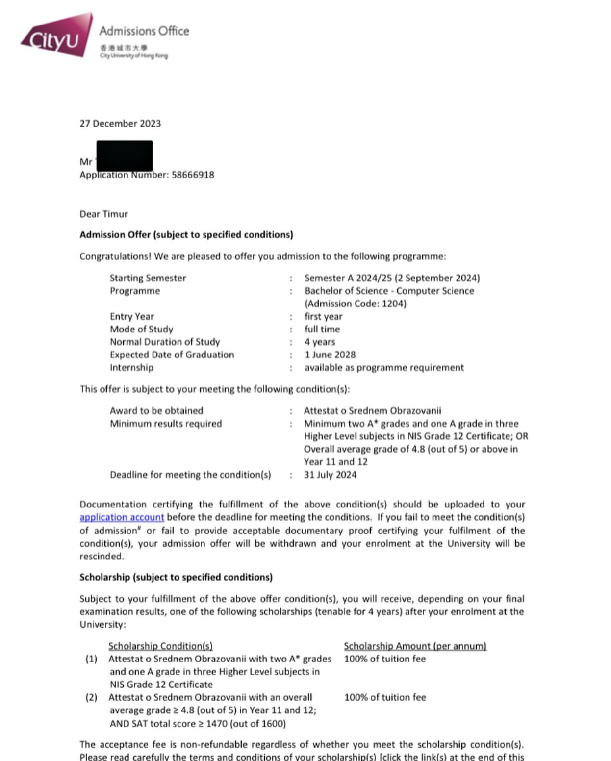 CityU Hong Kong offer letter