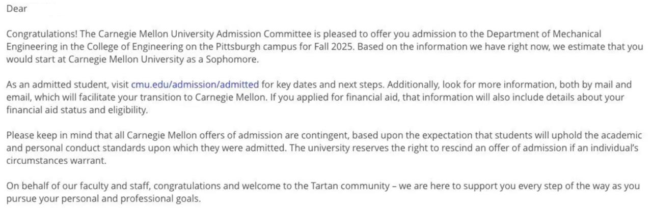 Carnegie Mellon offer letter