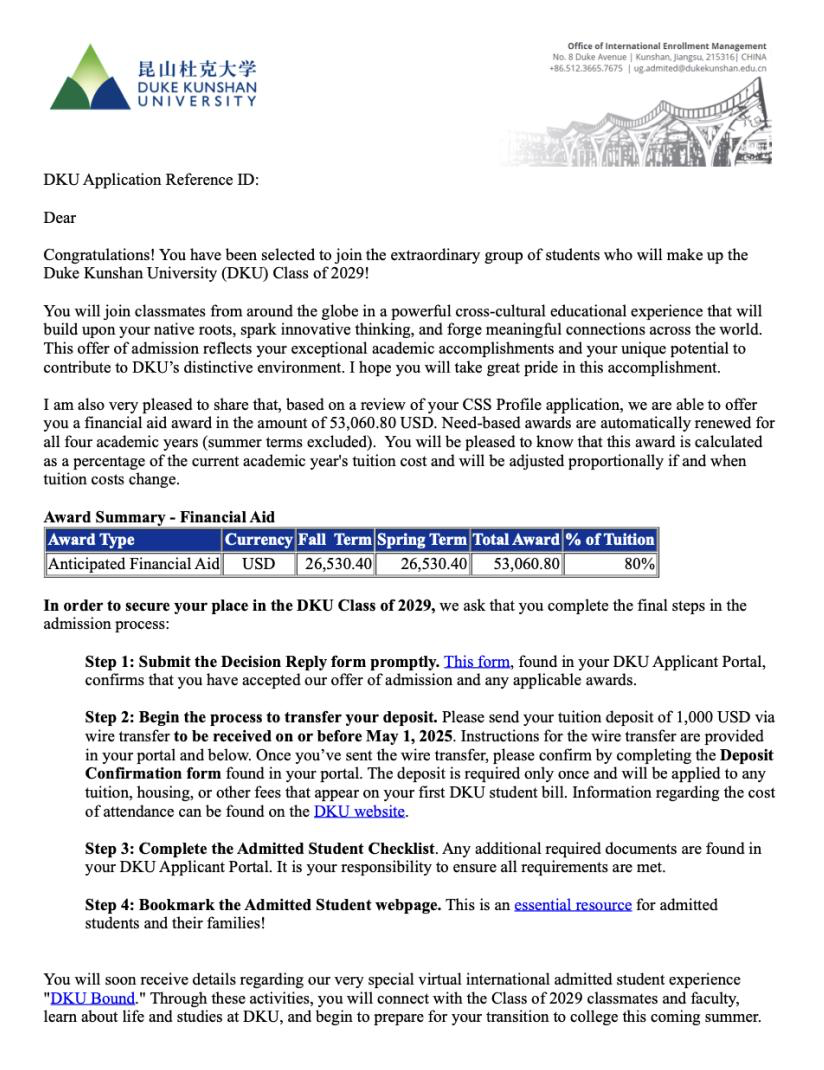 Duke Kunshan offer letter