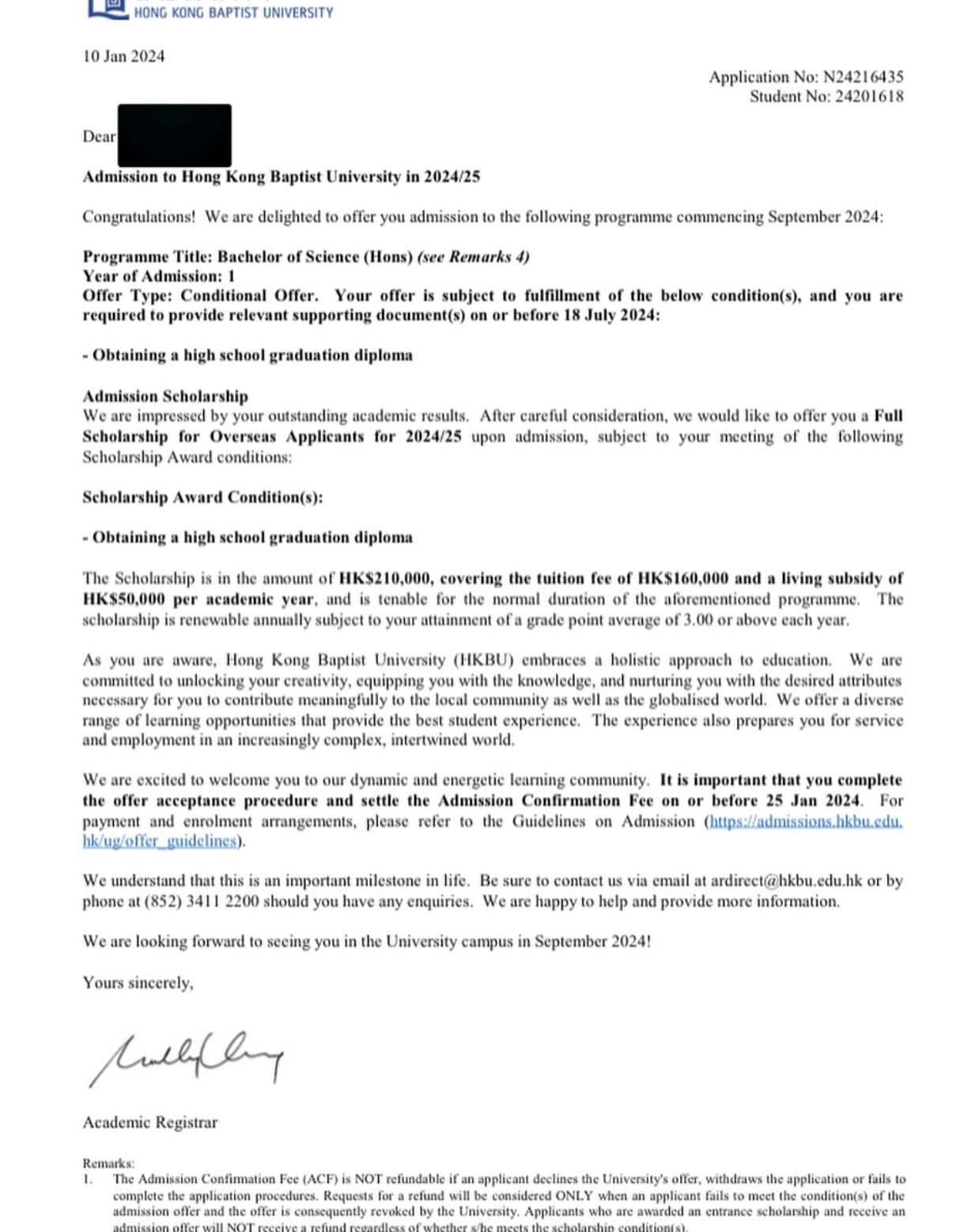 Hong Kong Baptist University offer letter