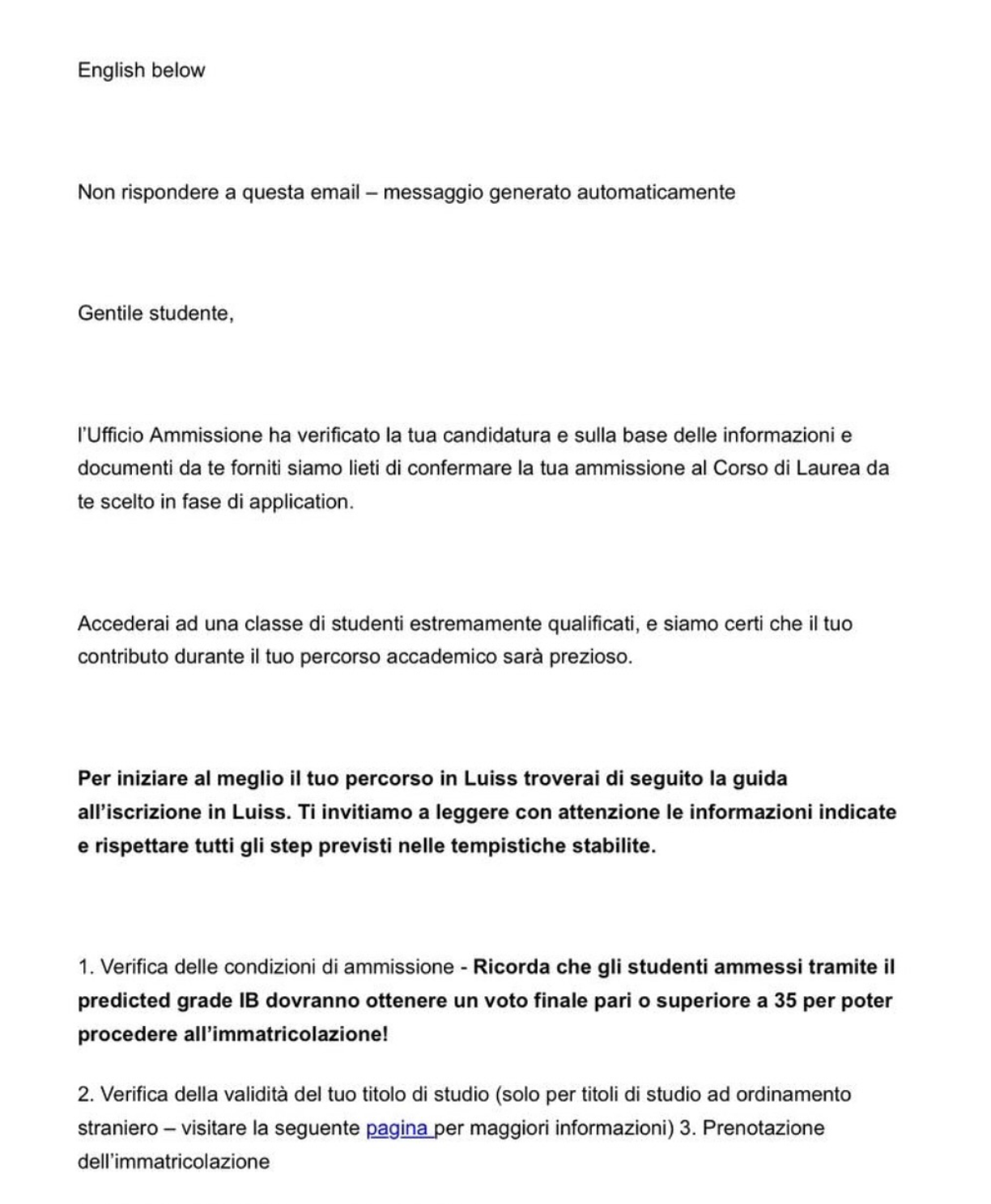 Luiss University offer letter