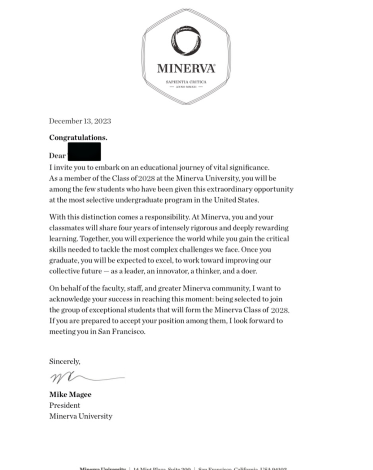 Minerva University offer letter