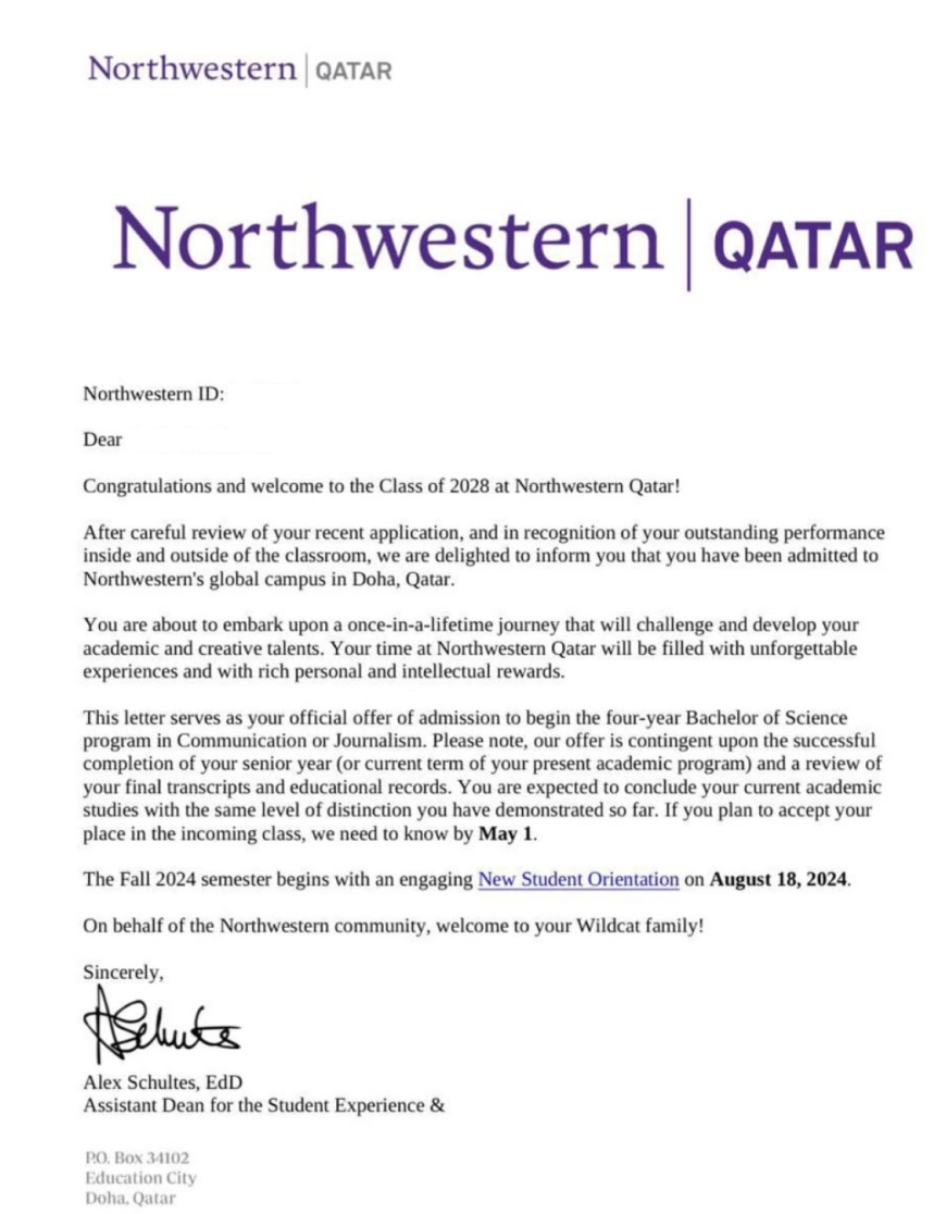 Northwestern Qatar offer letter