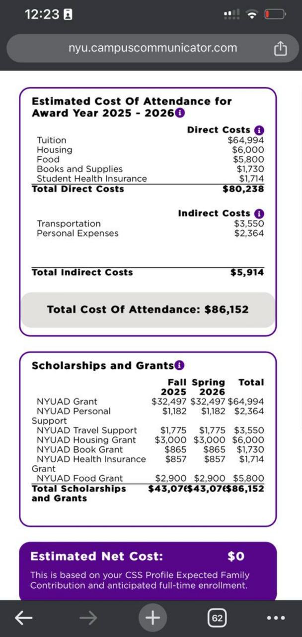NYU full aid award