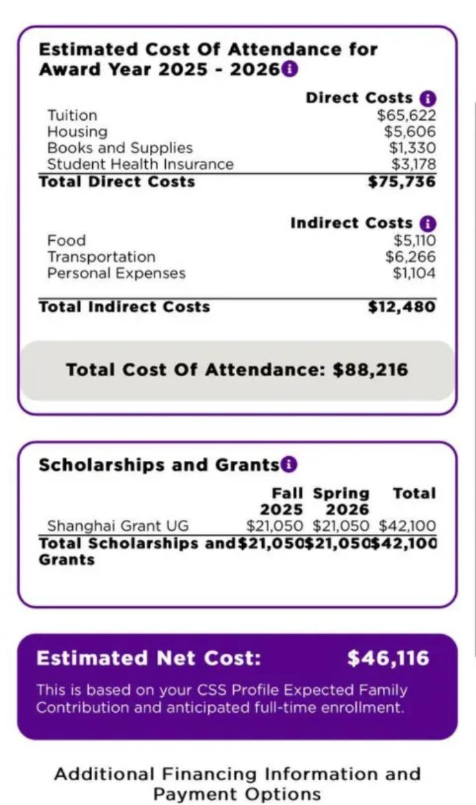 NYU Shanghai financial aid award