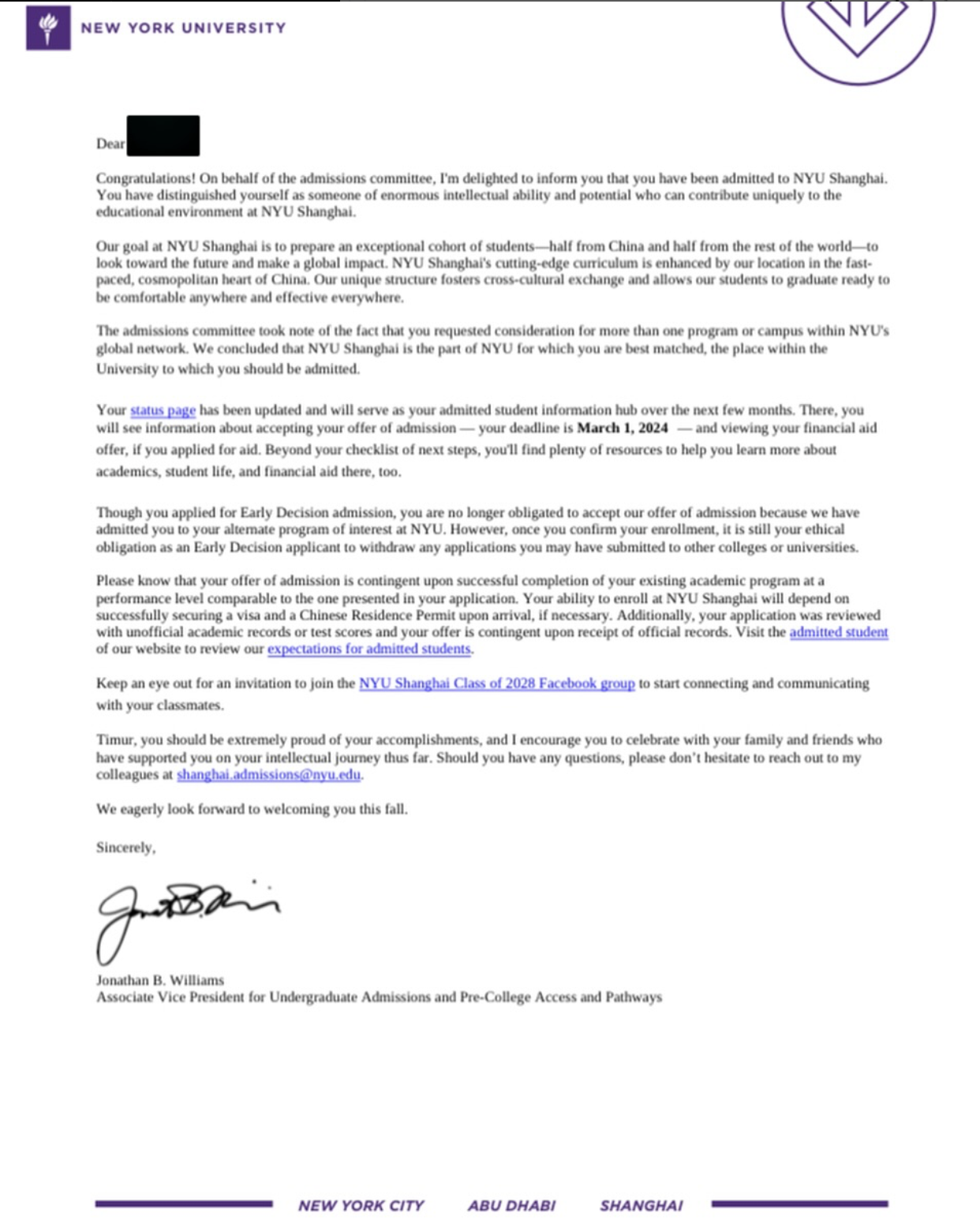 NYU Shanghai offer letter