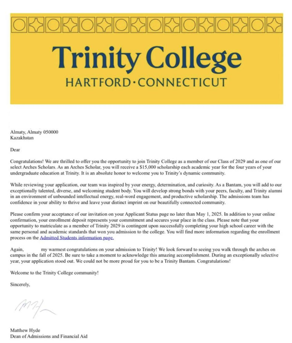 Trinity College offer letter