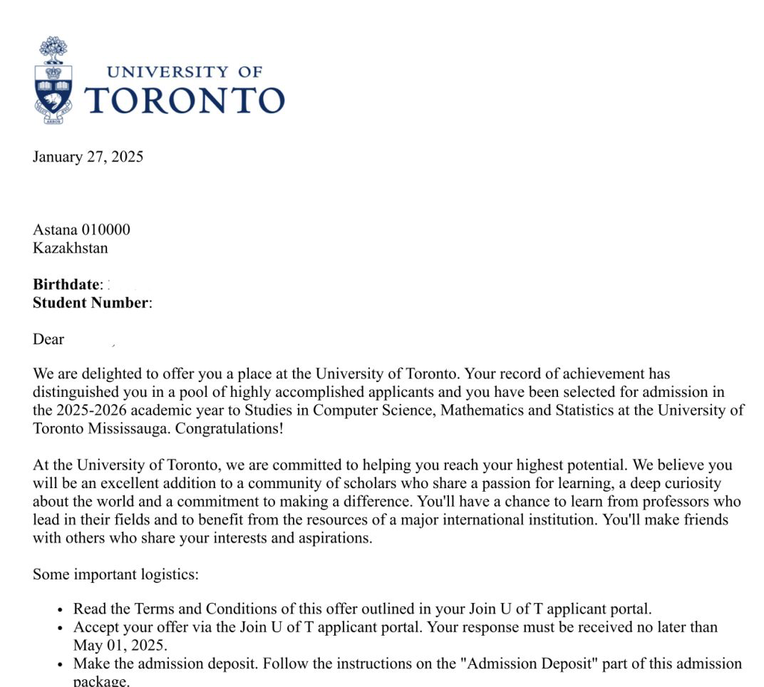 University of Toronto offer letter