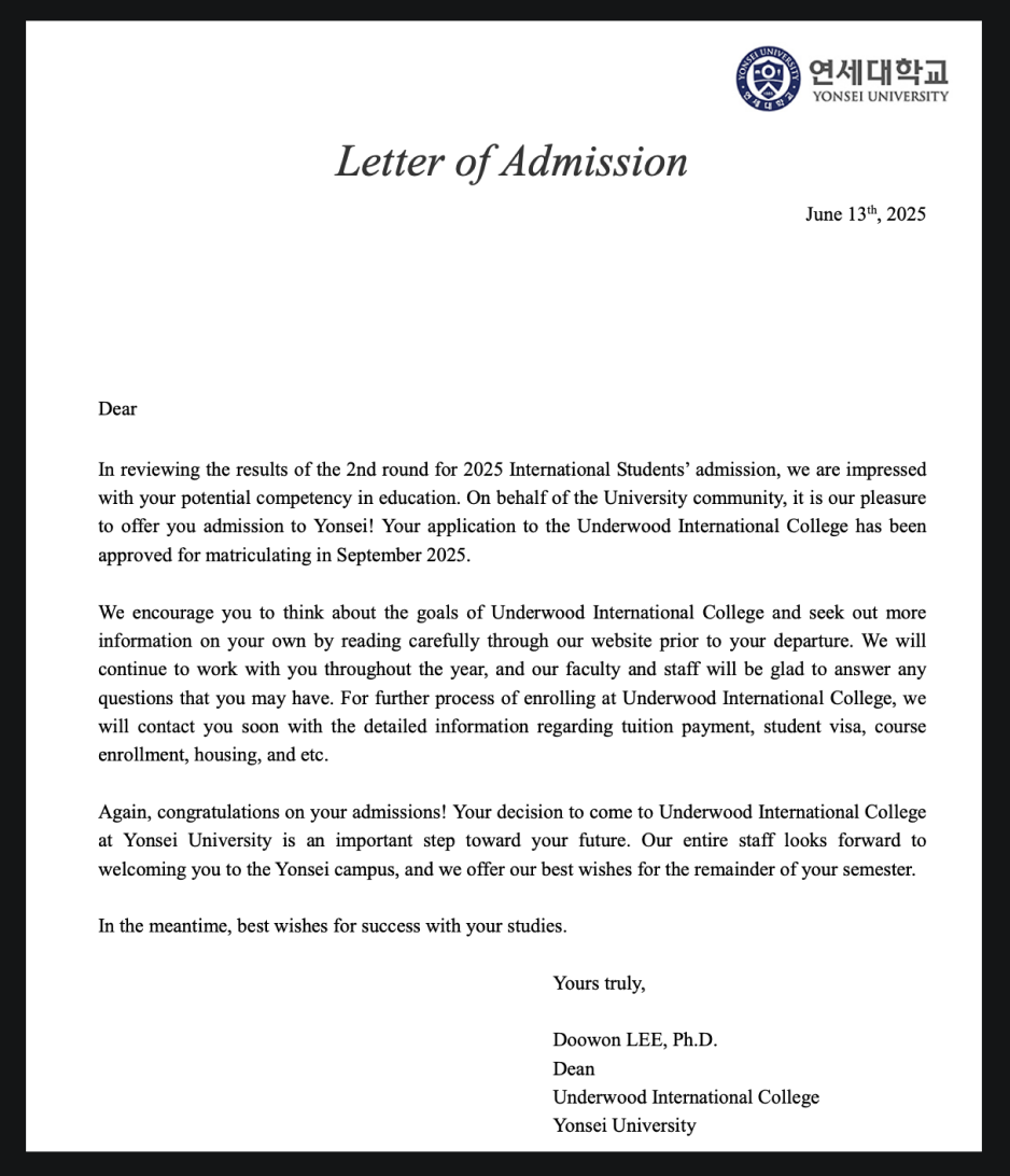 Yonsei University admission letter