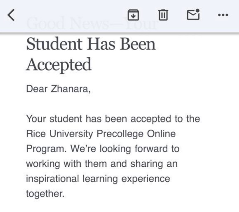 Rice Pre-College Program — Айзере Айжарыкова